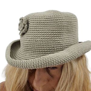 Vtg Womens Sun Hat Country Cottagecore Market Cotton Knit Crochet 3D Rosette Tan